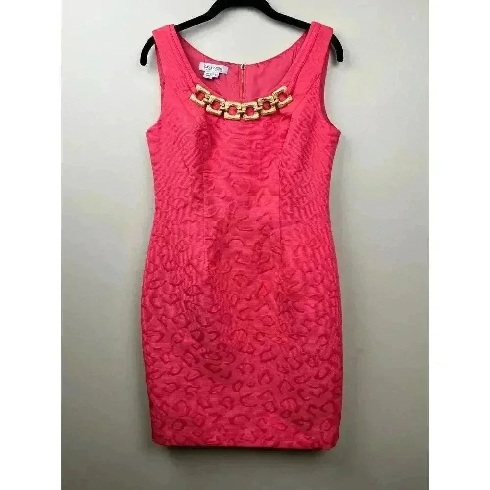 Kay Unger Pink Cheetah Print Gold Embellished Dress - size 8